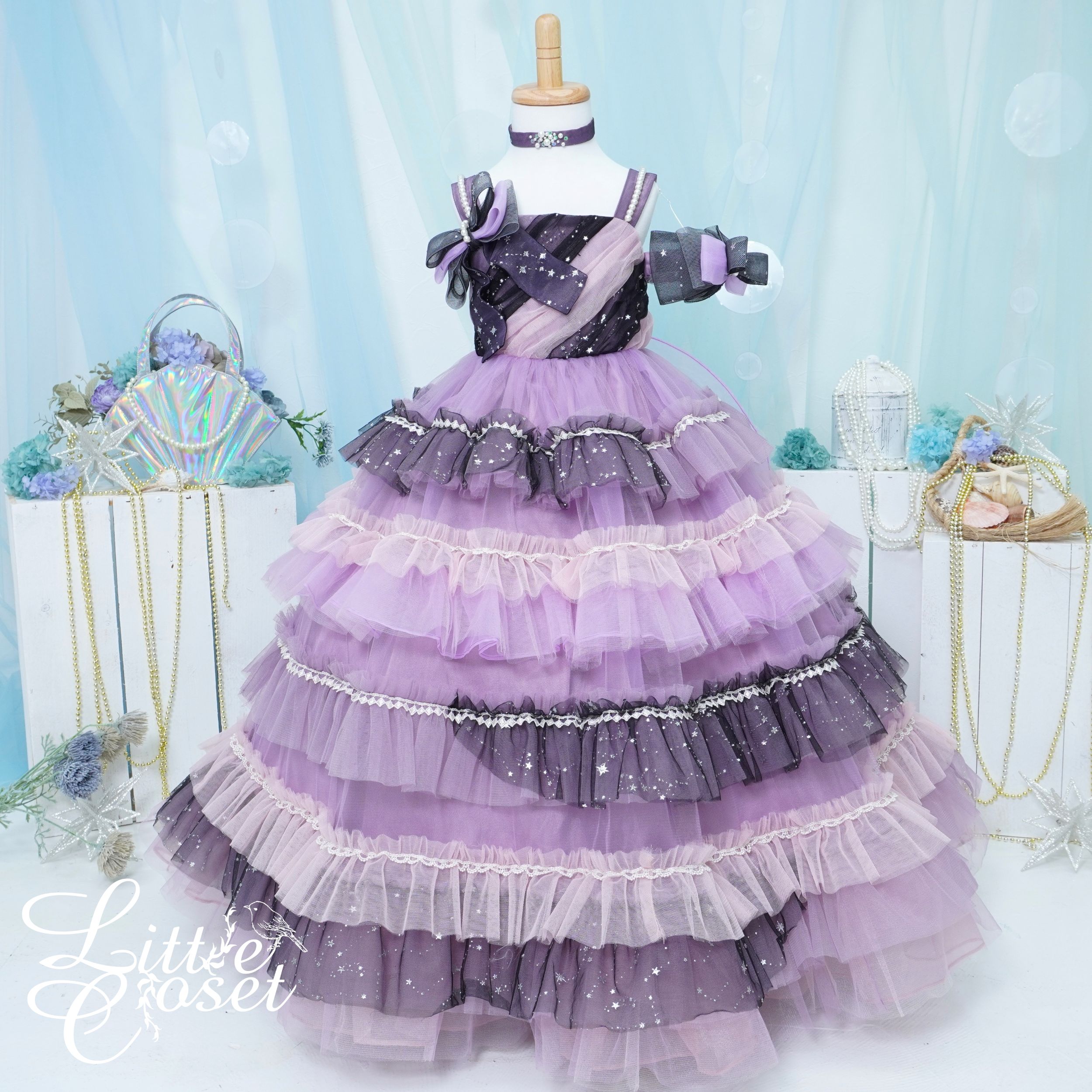 フォーマルドレス 120cm ラベンダー クラシカルレース ボックスプリーツ サテンドレス ラベンダー